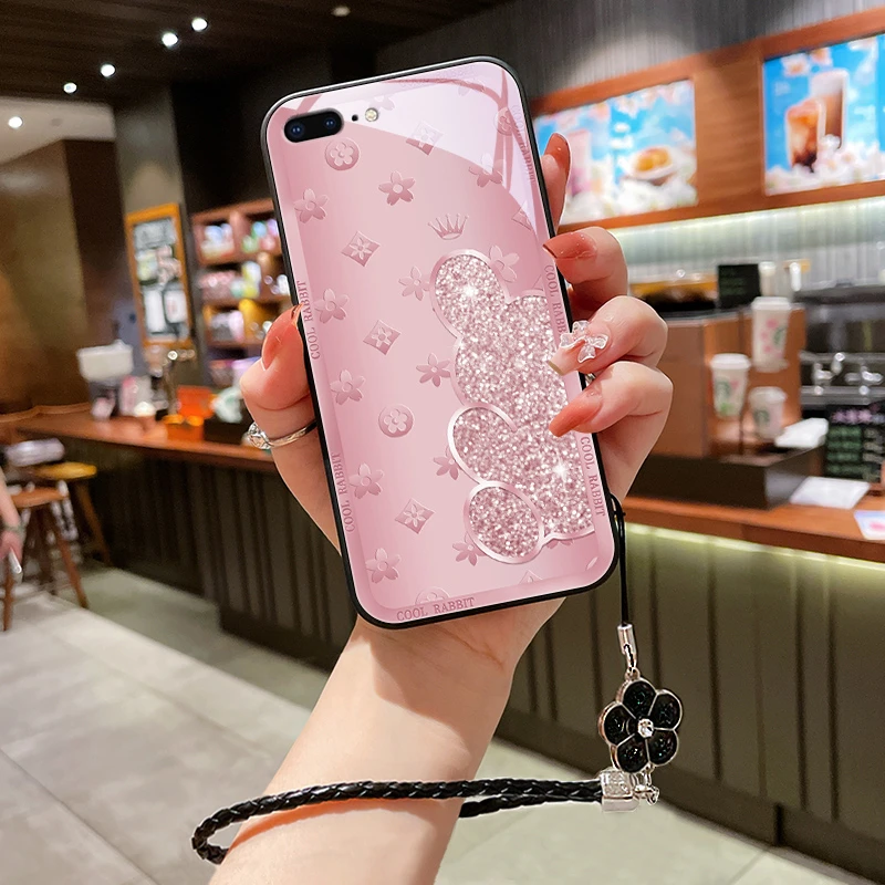 闪粉小兔适用苹果8plus手机壳iphone7玻璃7plus女款挂绳se2硅胶全