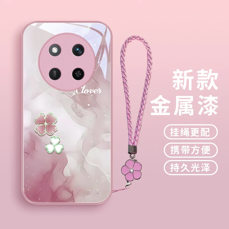 清新四叶心适用荣耀X60Pro手机壳荣耀X60女款玻璃高级挂绳爆款防