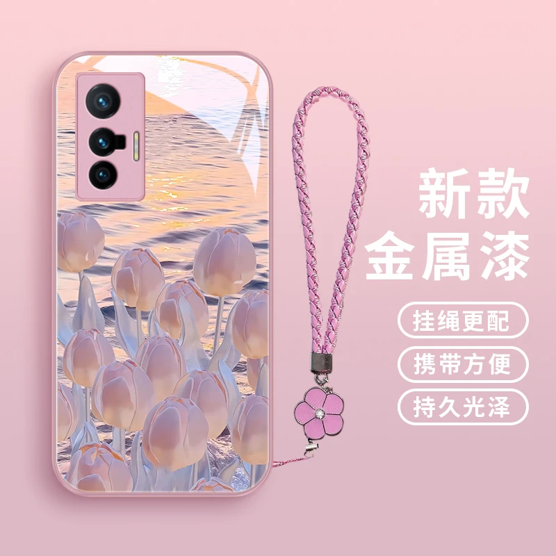 夕阳郁金香适用vivox70手机壳X70pro保护套x60曲屏版玻璃壳viovx