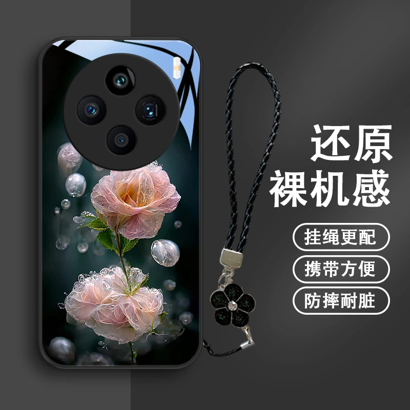 淡粉花朵适用vivoX100S手机壳X100SPro玻璃壳x100Ultra保护套创意
