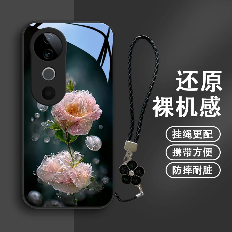 淡粉花朵适用VIVOS19手机壳vivos19pro玻璃壳S19Pro保护套创意新