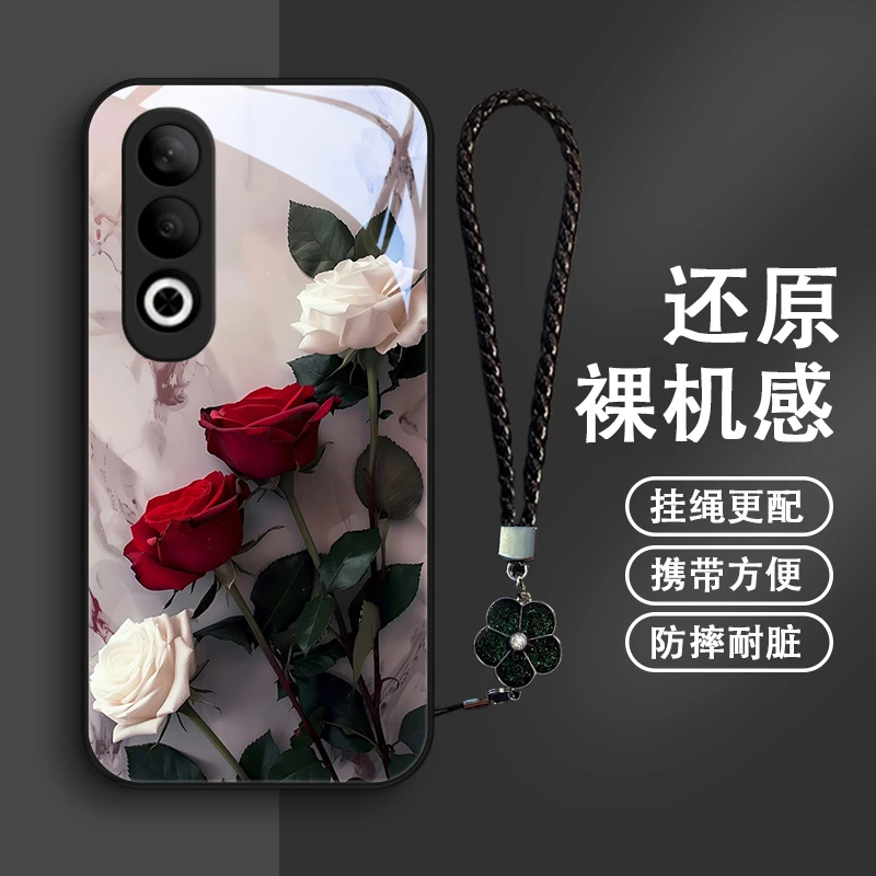 恋人玫瑰适用oppoK12Plus手机壳OPPOK12Plus挂绳玻璃保护套散热女