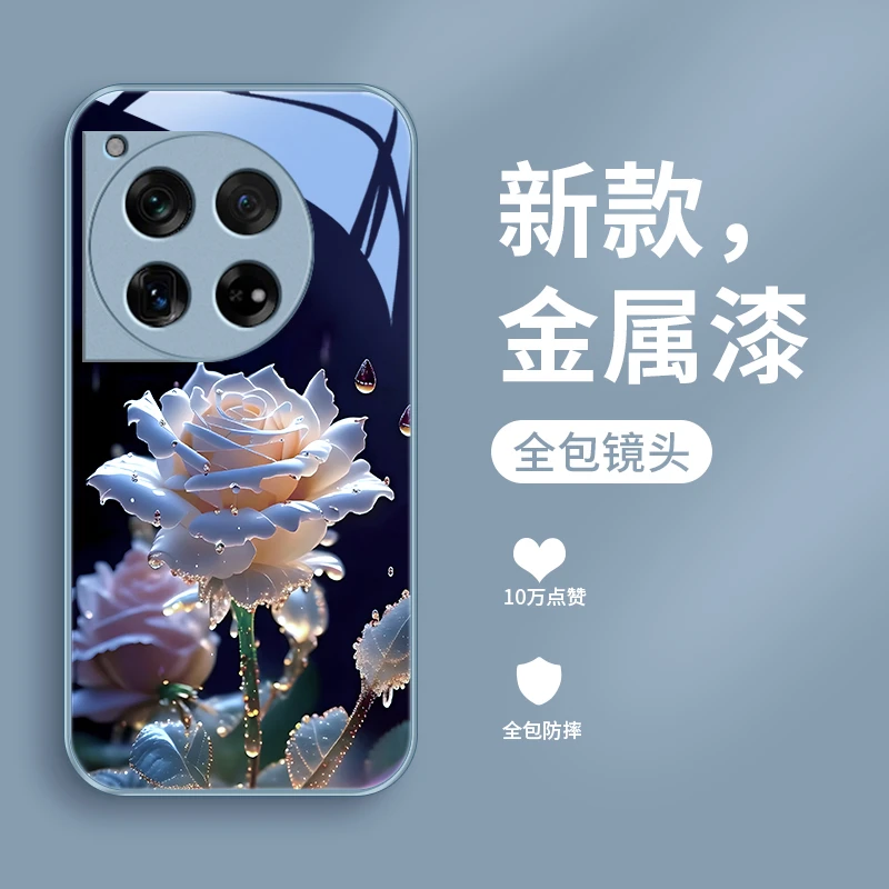 雨中绽放适用一加12手机壳1加12保护套玻璃壳oneplus12男生女款防