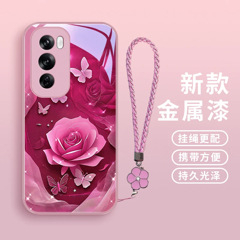 丽致花朵适用opporeno12手机壳Reno12pro玻璃reno12优美女款挂绳