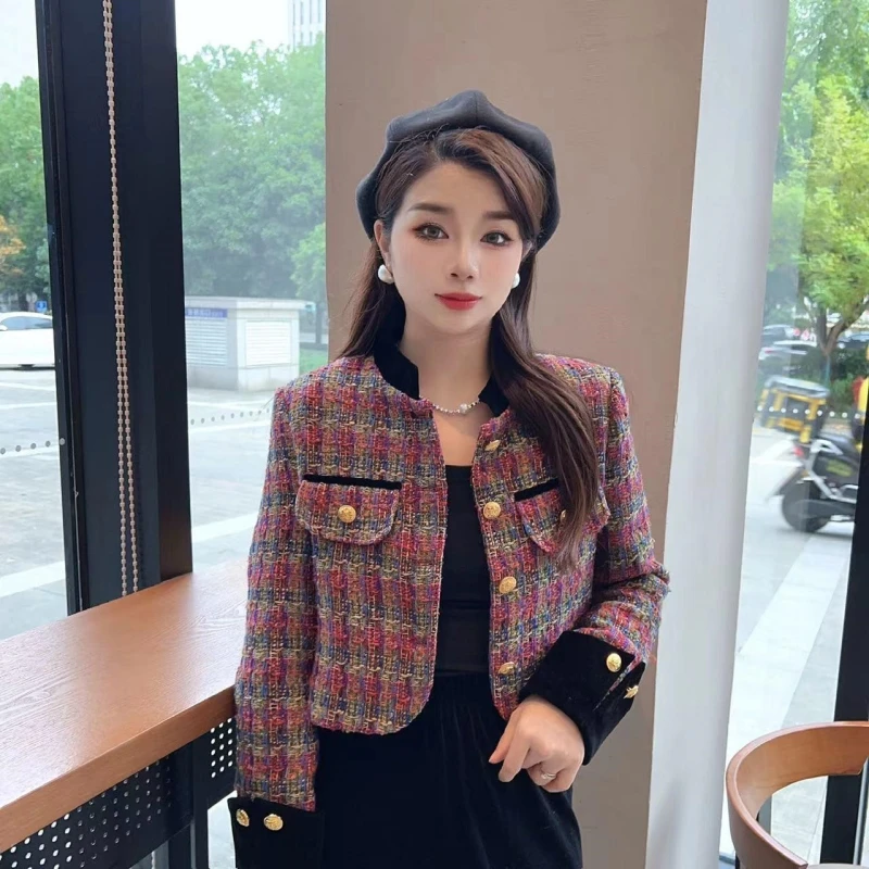 2392#法式高级感小香风外套短款女秋冬洋气百搭马术服格子上衣