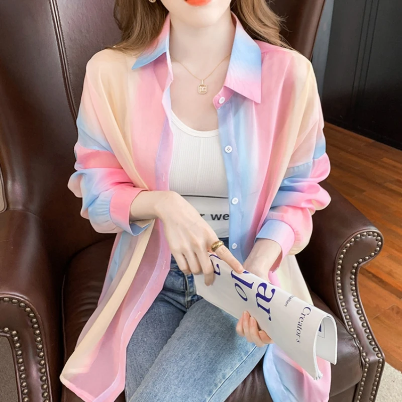 7719#彩虹防晒衬衣女夏季新款薄款透气雪纺衬衫外搭宽松长袖开衫