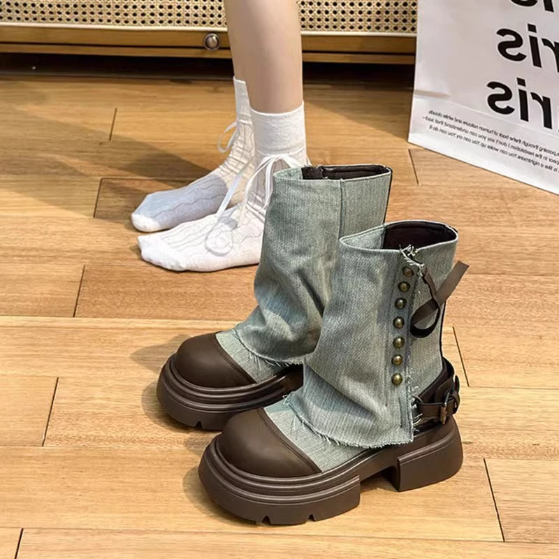 厚底休闲裤管靴马丁靴2025新款牛仔布金属扣短靴圆头辣妹机车靴子