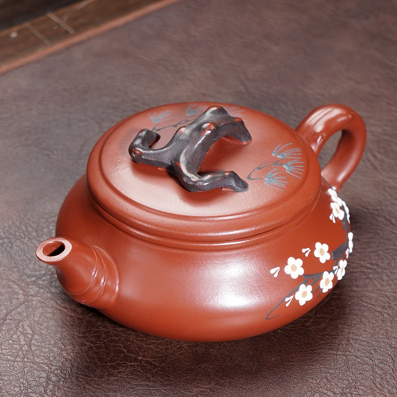 宜兴紫砂壶单朱泥松梅扁腹泡茶壶大容量