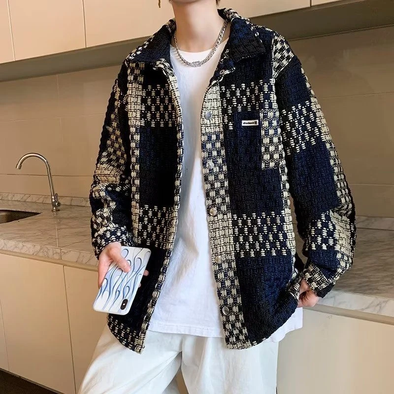 小香风男士冬季新款格子编织提花翻领衬衫外套潮流百搭宽松夹克男