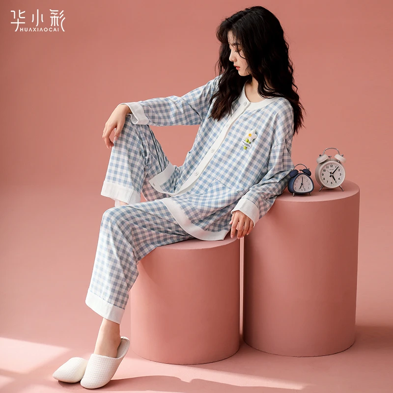 女士睡衣春秋款纯棉长袖日系甜美格子圆领家居服夏季休闲外穿套装