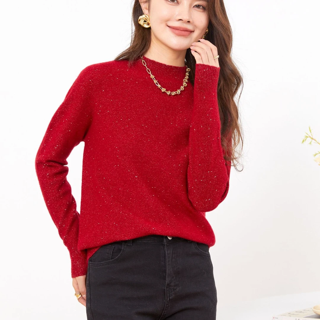 【神豆】女式半高领金银丝金豆绵羊毛衫24DAK0309