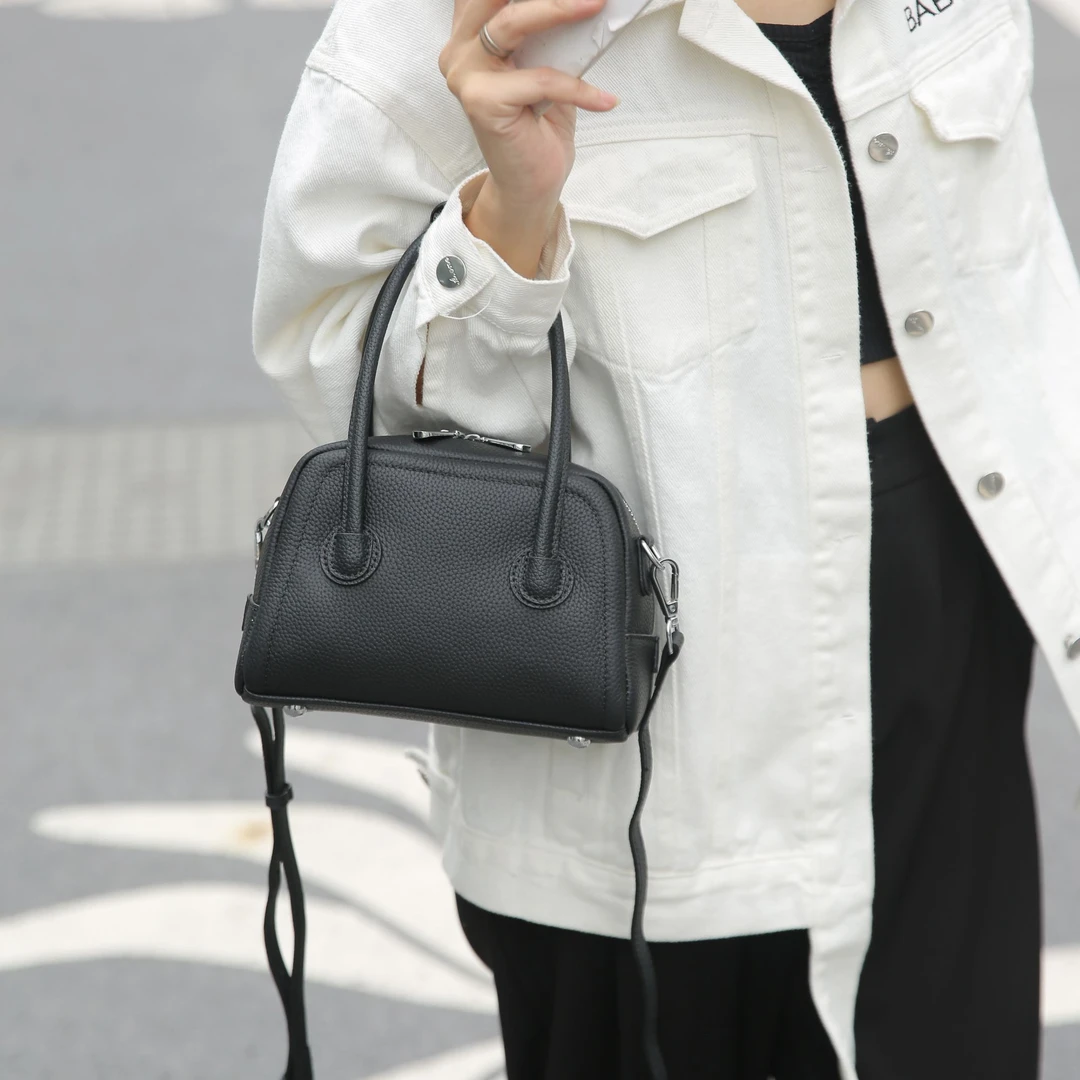 2024新款手提包保龄球款头层牛皮时尚百搭单肩斜挎包真皮休闲女士