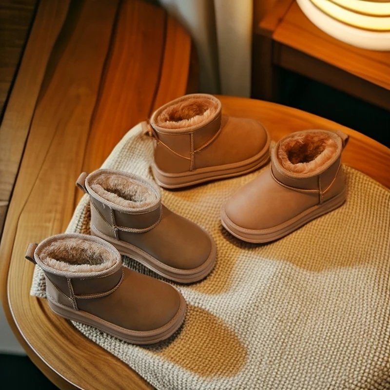 【26-37码】儿童雪地靴皮面加绒加厚男女童保暖棉鞋防滑短筒靴子