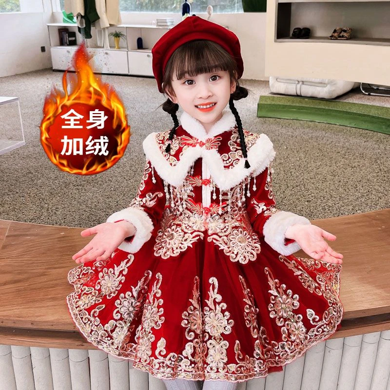 女童唐装拜年服秋冬汉服公主裙2024新款宝宝喜庆古装小女孩连衣裙