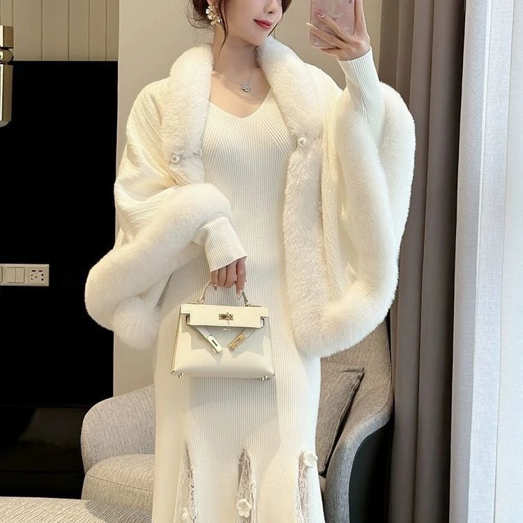 2024加绒温柔仙女加厚斗篷披肩旗袍秋冬百搭保暖毛绒领洛丽塔