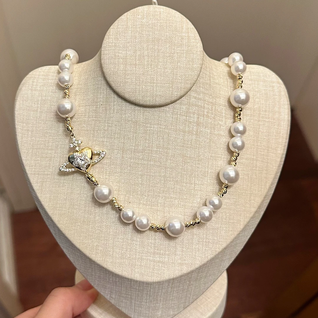 铜合金仿珍珠项链 X0098 时尚气质百搭灰色土星项链