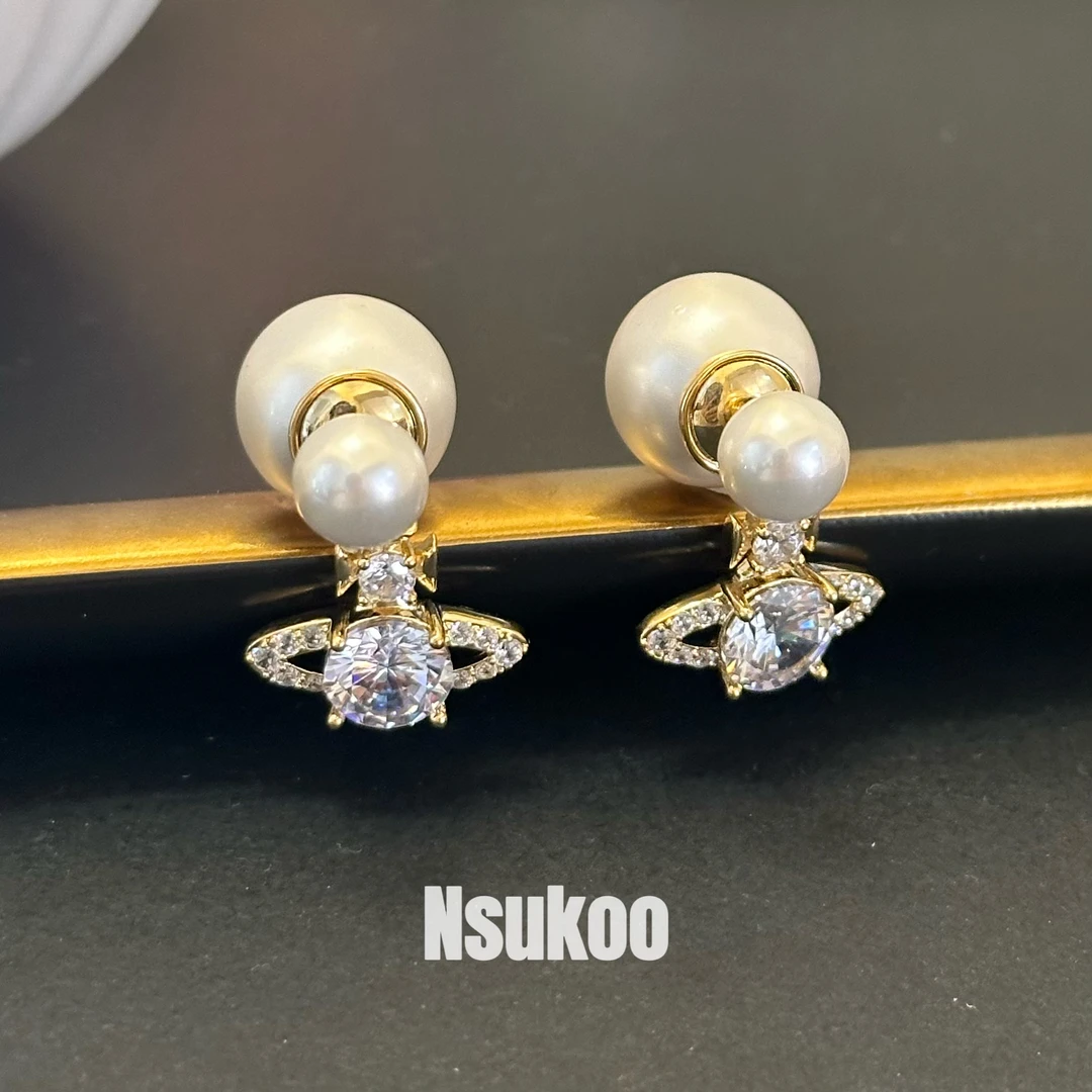 铜合金合成锆石耳饰 E0071 时尚气质韦雪同款土星耳坠