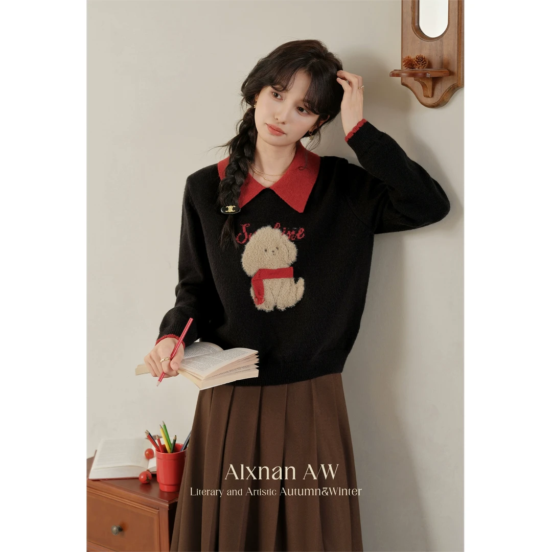 鹿向南「梦中童话」撞色翻领小狗图案毛衣2024秋冬新款上衣女L51135
