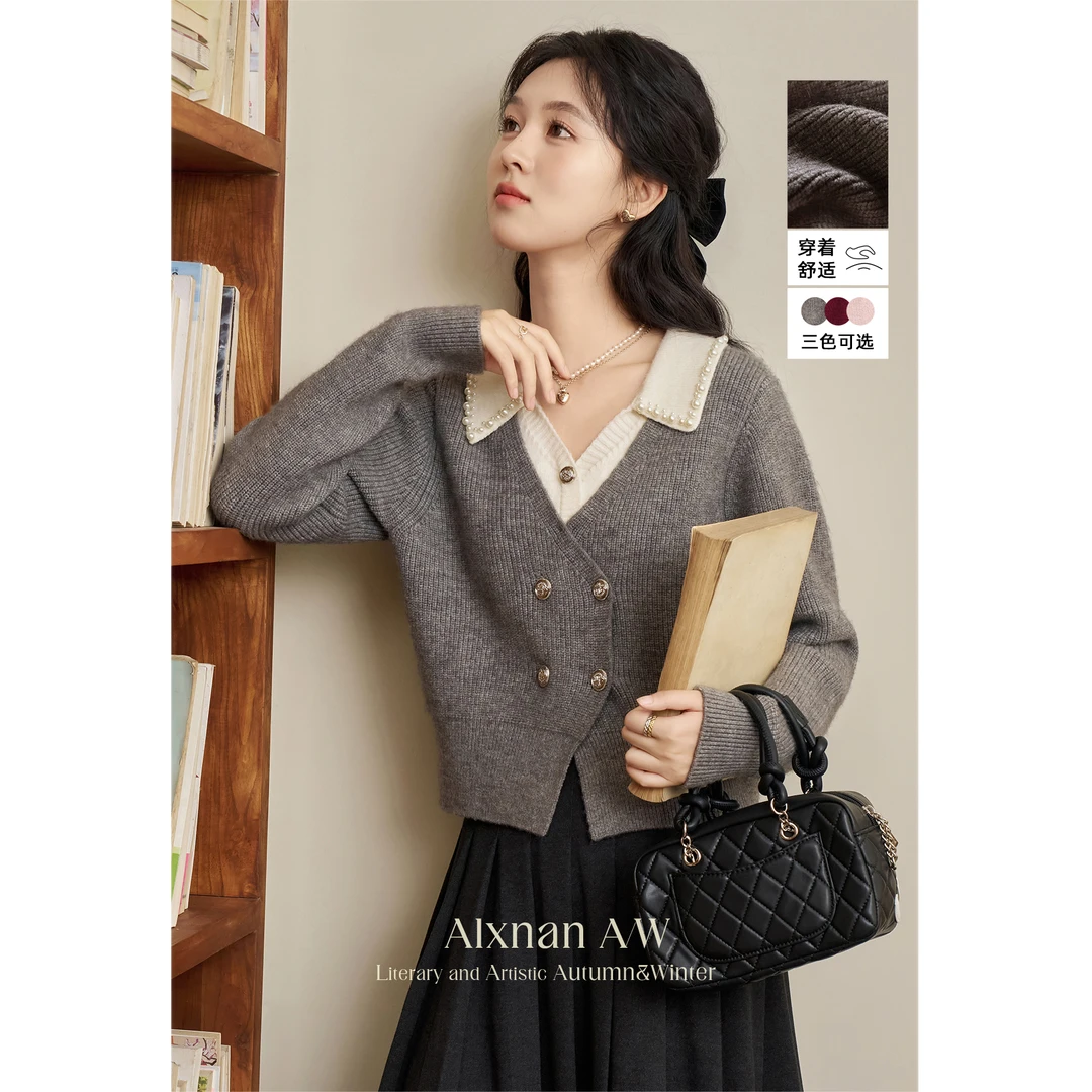 鹿向南「甜系珍妮弗」灰色假两件毛衣慵懒风针织衫上衣DYL661299