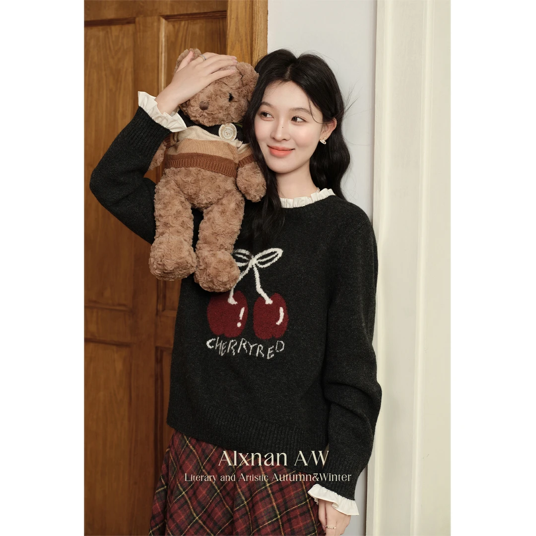 鹿向南「贪杯樱桃」假两件慵懒风毛衣女宽松上衣L50105