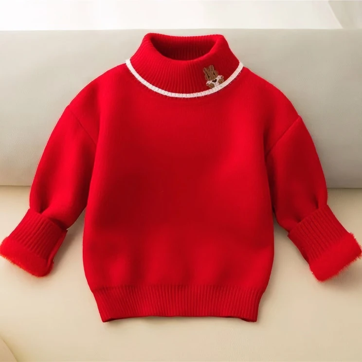 设计感气质针织衫2023秋冬新款一体绒加厚男女童高领加绒打底衫潮