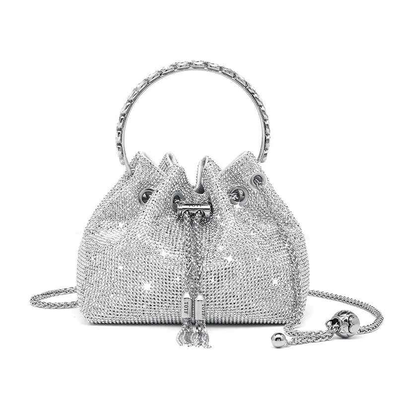 优雅水钻妈妈包百搭银色闪钻包女褶皱包包夏天宴会斜跨小包包新款