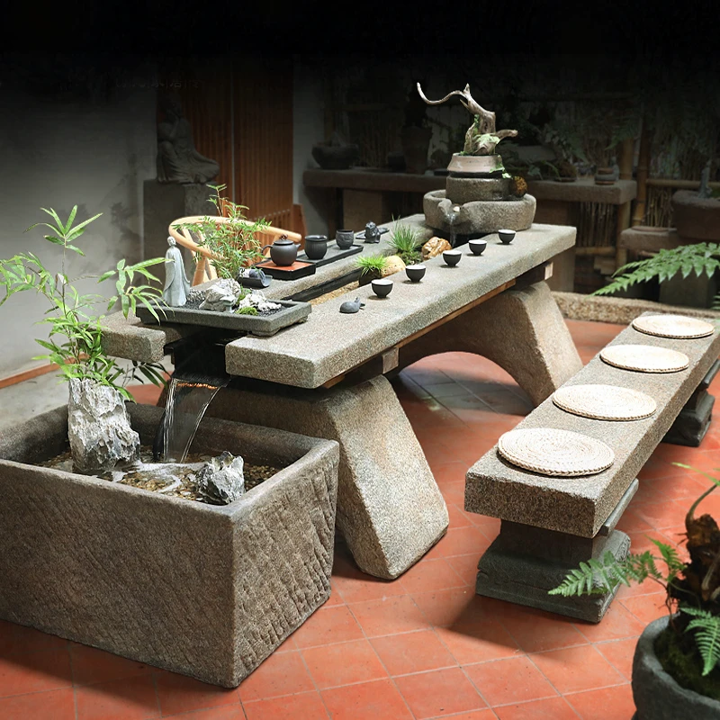 创意庭院阳台流水茶桌家居客厅循环水茶台禅意石槽养鱼缸造景装饰