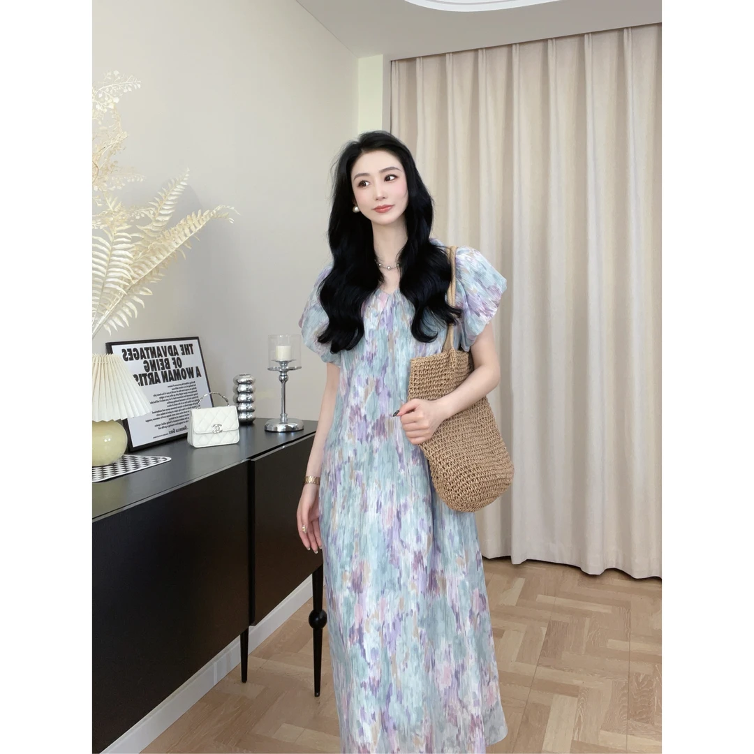 胡UU【幻彩花园】夏季韩系显瘦晕染花色连衣裙4526-1-5-a