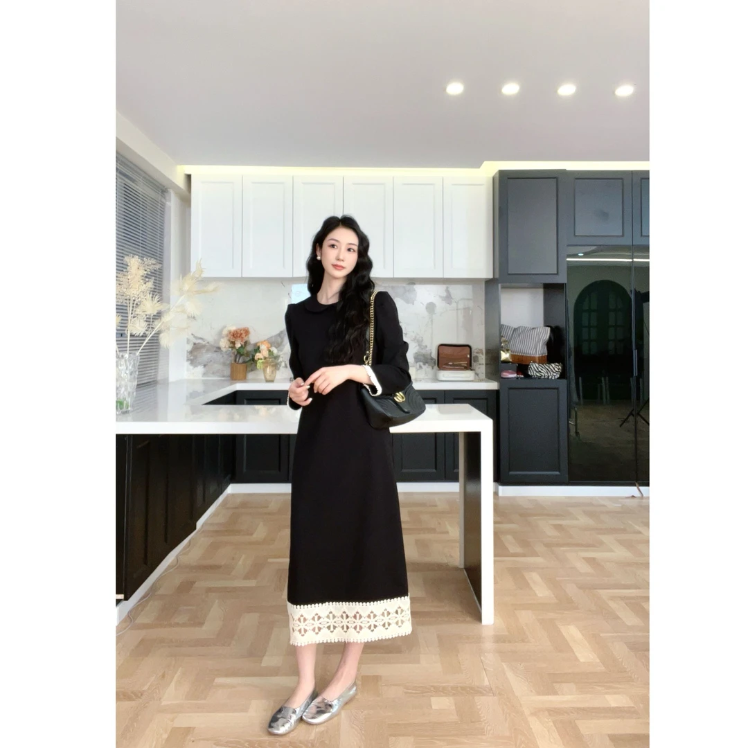 胡UU【黑天鹅】春季韩系气质简约蕾丝下摆直筒显瘦连衣裙4096-1-3