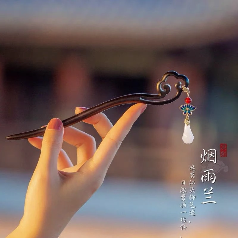 发簪古风木质新款中式高级感钗子檀木色盘发簪子女红色儿童发饰