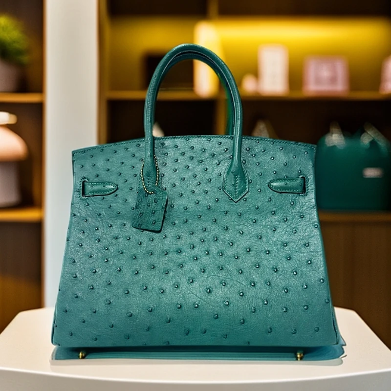 秀姐定制 (稀有鸵鸟皮-BK-30尺寸)手提包真皮时尚经典贵气女包