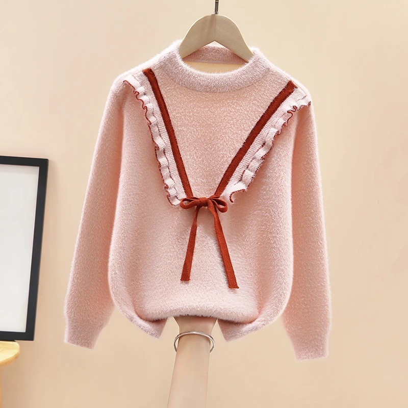 女童水貂绒毛衣秋冬装大童女孩针织打底衫宽松韩版儿童装加绒加厚