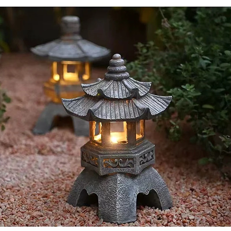 赛杉户外太阳能新中式风石塔宫灯摆件太阳能灯树脂工艺品