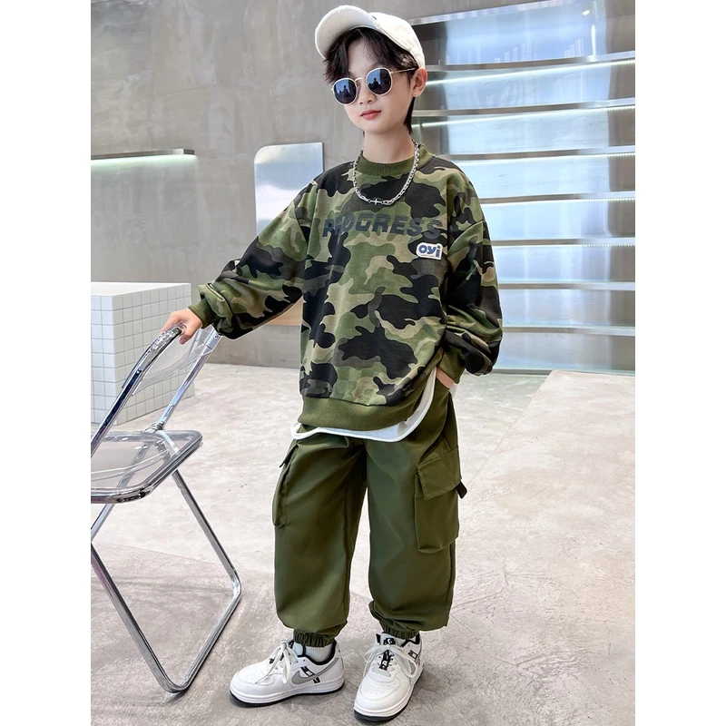 男童秋季套装2024新款中大童迷彩绿色衣服春秋款中大儿童卫衣秋装