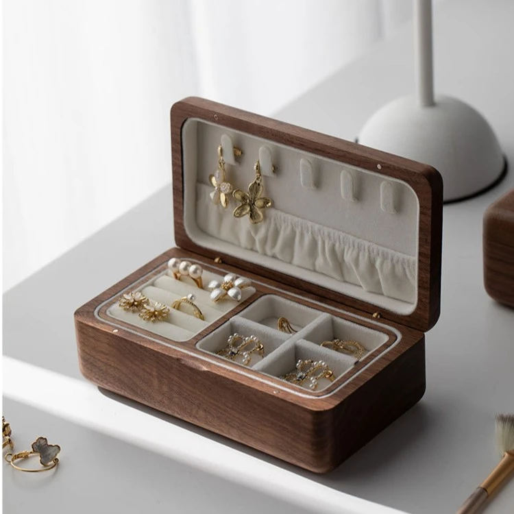 北美黑胡桃双层首饰收纳盒梳妆台桌面收纳装饰摆件