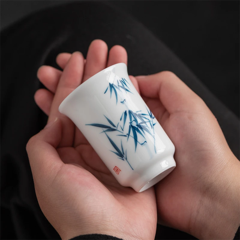 纯手绘青花茶杯单杯聚香杯闻香杯白瓷主人杯陶瓷功夫茶具茶盏杯垫