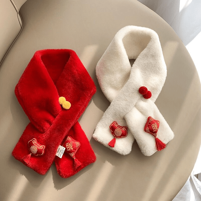 中国风福字红色毛绒儿童围巾男女宝宝秋冬季加厚围脖小孩保暖脖套