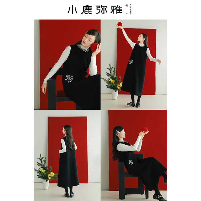 小鹿弥雅《松》原创设计100羊毛双面呢刺绣背心连衣裙秋冬