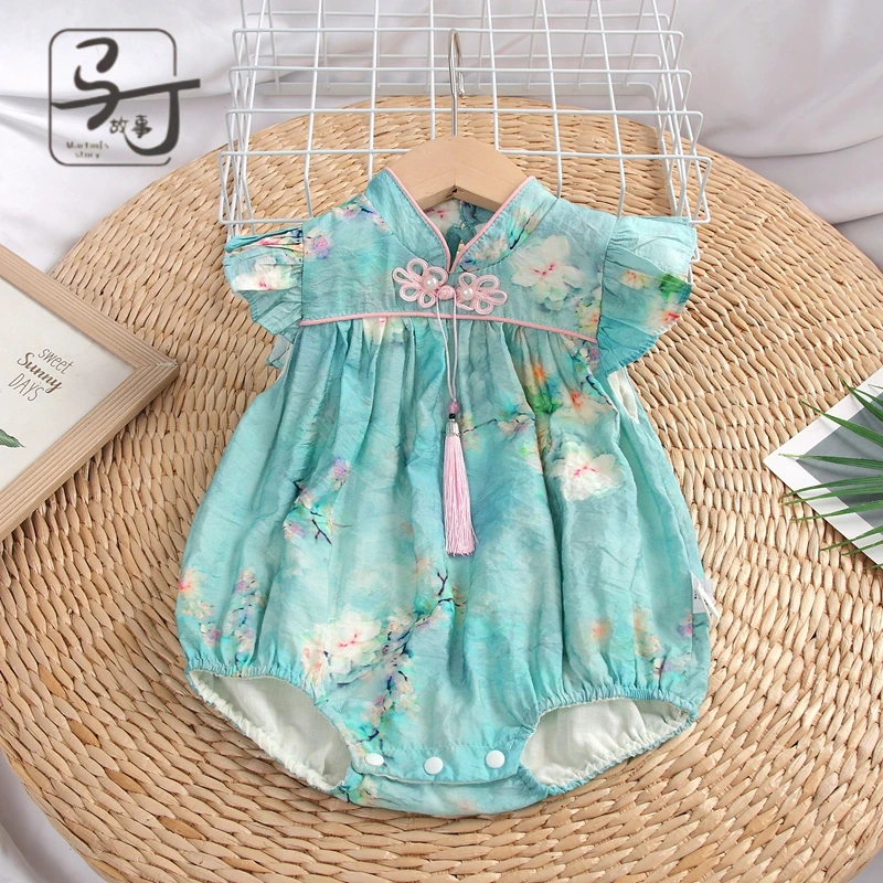 婴儿夏装包屁衣薄款哈衣女宝宝公主风无袖连体衣国风夏季外出抱衣