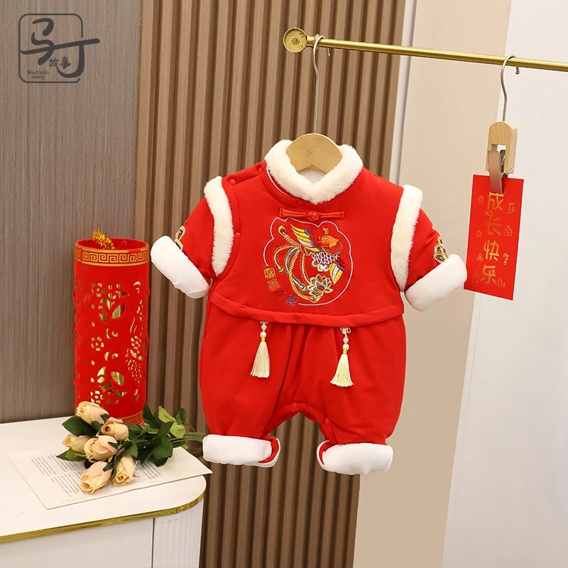 新生婴儿衣服秋冬连体衣宝宝红色拜年服新年装满月服中国风喜庆潮