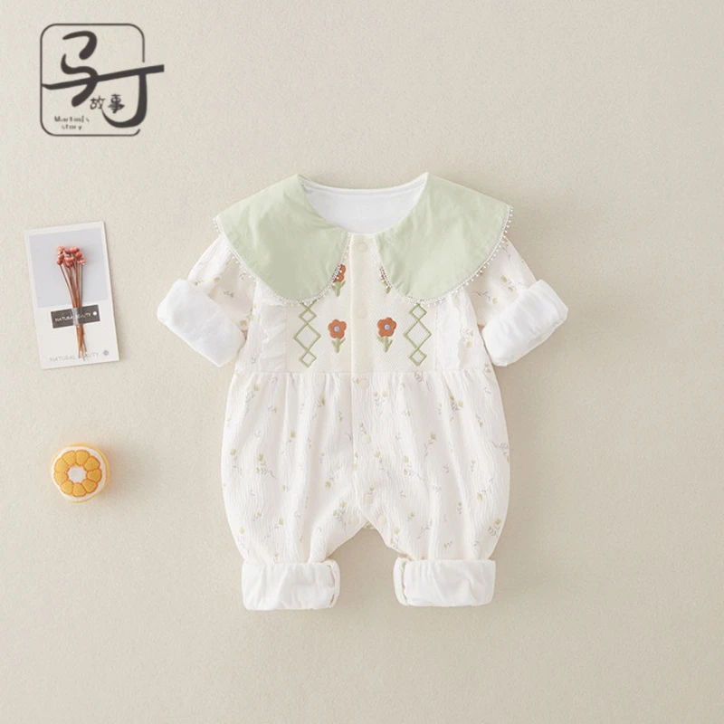 婴儿衣服春秋连体衣外套新生女宝宝小清新公主风双层外出哈衣爬服