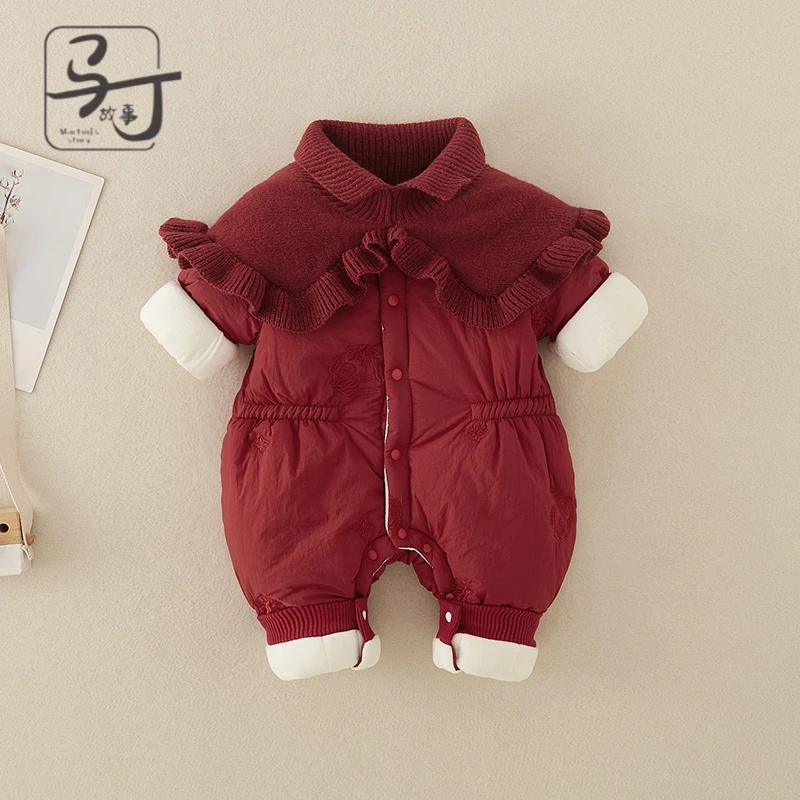 新生婴儿冬装连体衣棉服女宝宝周岁加厚外套冬季外出服喜庆拜年服