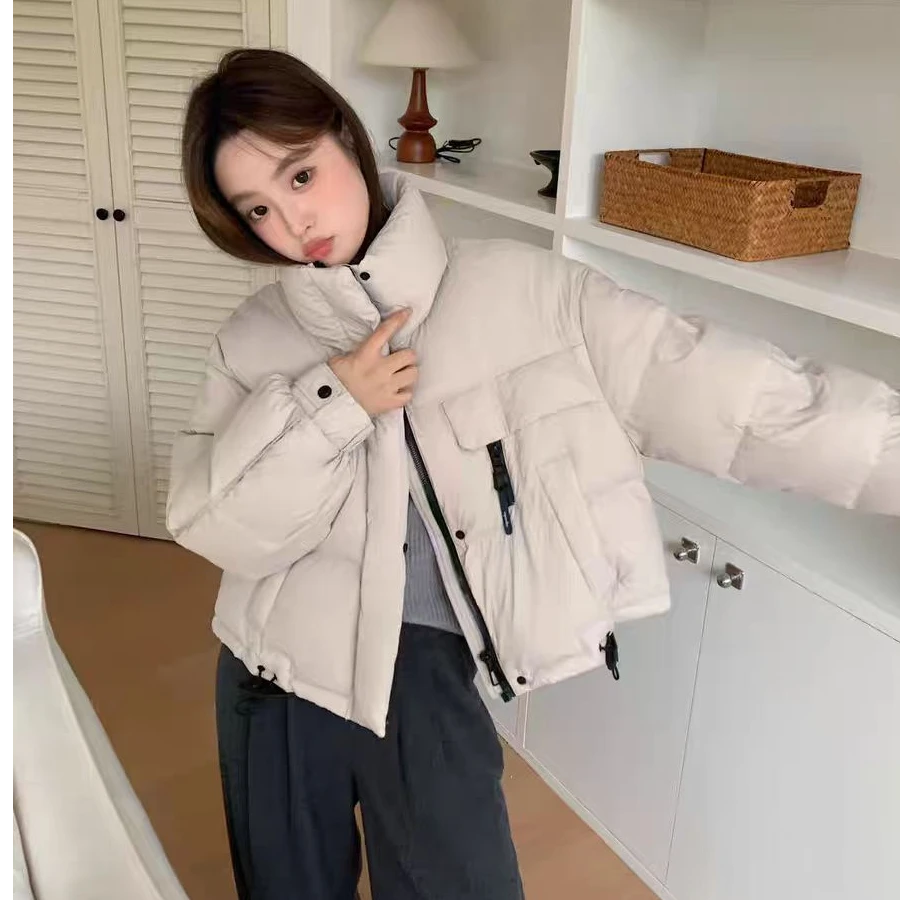 【蝶雅】冬季新款时尚韩版短款休闲百搭连帽简约加厚纯色秋冬棉服