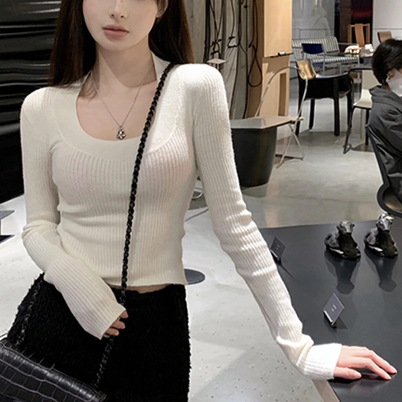 小心机打底衫低U领显瘦纯欲性感长袖针织衫秋冬修身外穿百搭毛衣