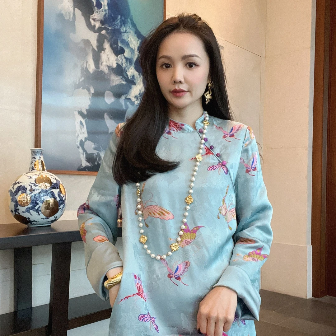 Mi.Keke【蝴蝶花】新中式国风气质减龄印花盘扣中长款连衣裙