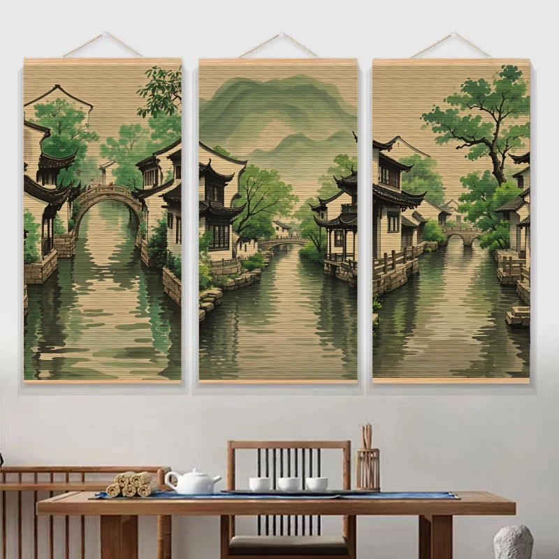 江南水乡水墨风古朴宁静竹子挂画免打孔茶室竹子做的画经久耐用