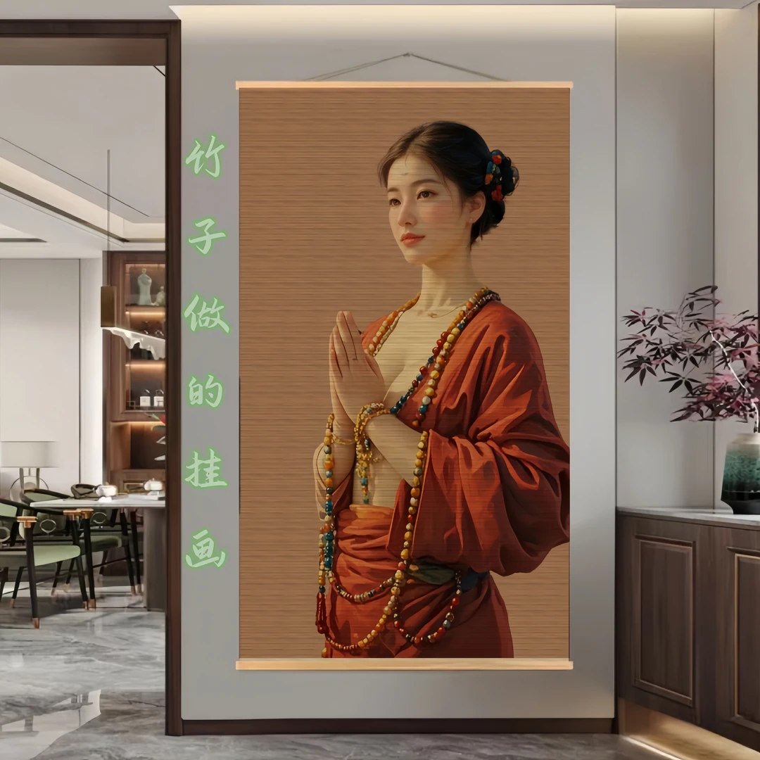 禅意美女祈福茶室书法玄关竹帘画佛珠虔诚竹编工艺画装饰挂件民宿