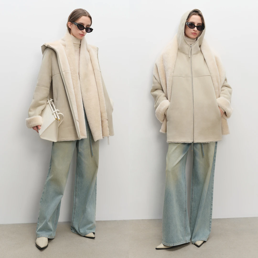 MSBEAST温暖零压御寒壹级美利奴皮毛一体连帽外套/围巾丨绵如雪