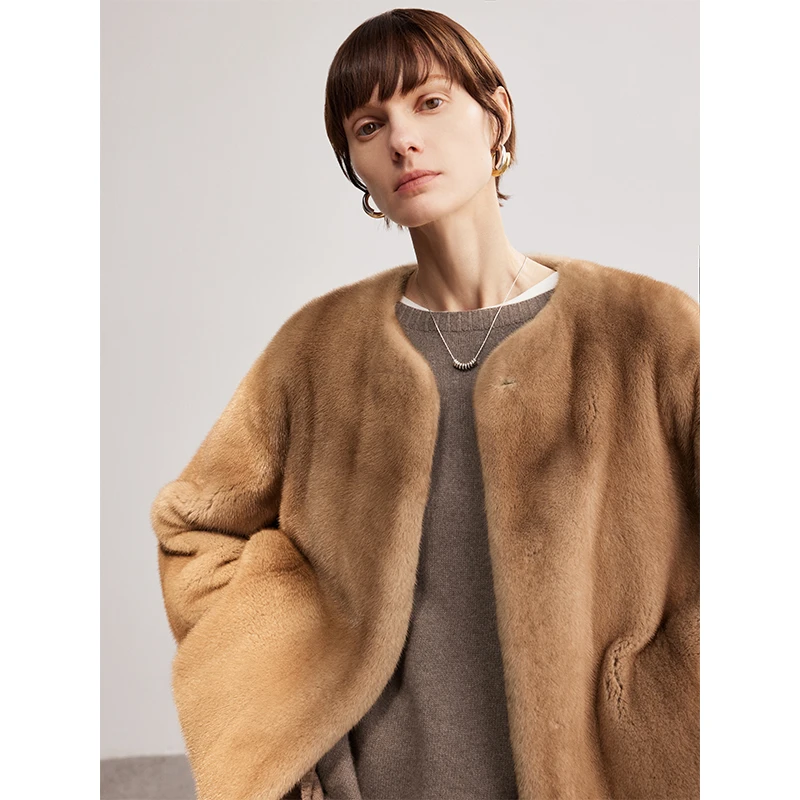 MSBEAST 进口貂皮大衣整貂水貂皮草外套女中长款桃形领冬