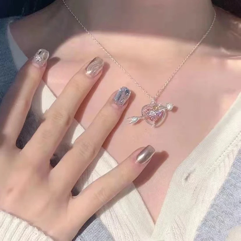 钛钢项链 ZK007丘比特之箭粉钻爱心一箭穿心甜美精致轻奢锁骨链